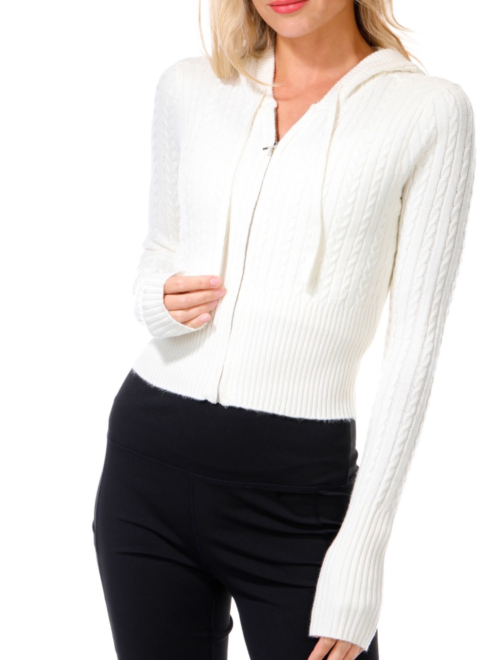 NWT Derek Heart Cream Cable Knit Cropped Zip Hoodie Size L